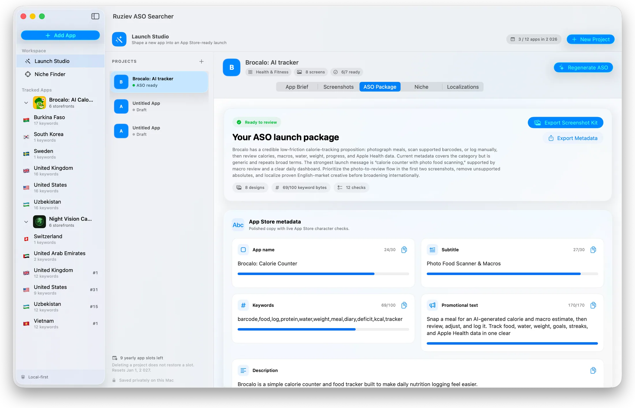 AI-generated ASO launch package with metadata, keyword byte checks, and export controls