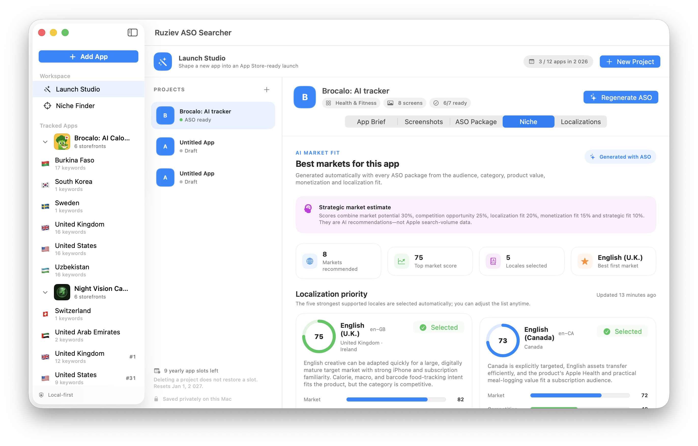 Launch Studio market recommendations in Ruziev ASO Searcher